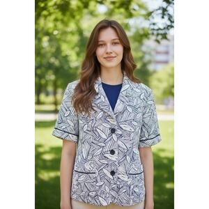 Perceptions New York Navy White wood log Print Short Sleeve Blazer Size 12